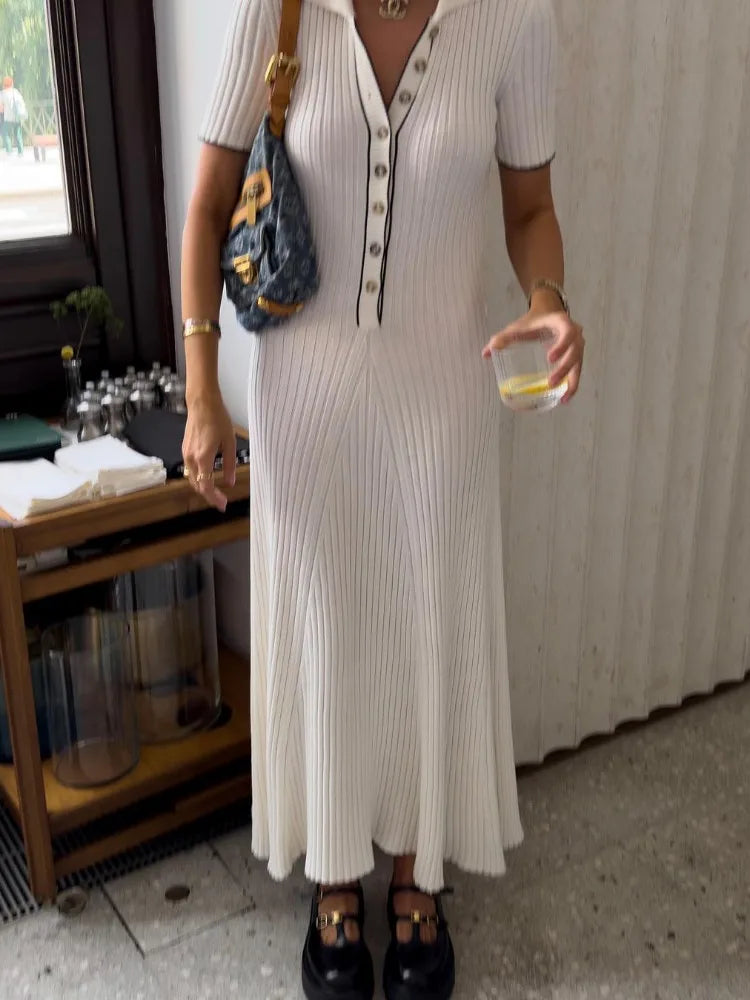 Deep V Neck Maxi Dresses for Autumn Slim Short Sleeve Vestido De Mujer Knitted Bodycon Dress Woman