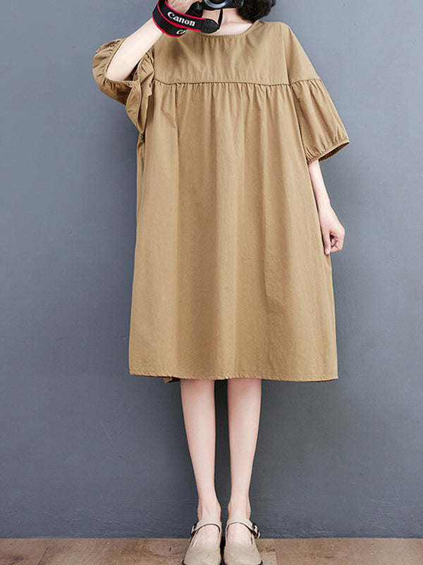 Loose Short Sleeves Color Round-neck Midi Dresses