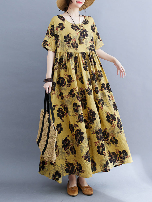 Loose Short Sleeves Pleated Printed Split-joint Round-neck Midi Dresses