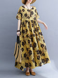 Loose Short Sleeves Pleated Printed Split-joint Round-neck Midi Dresses