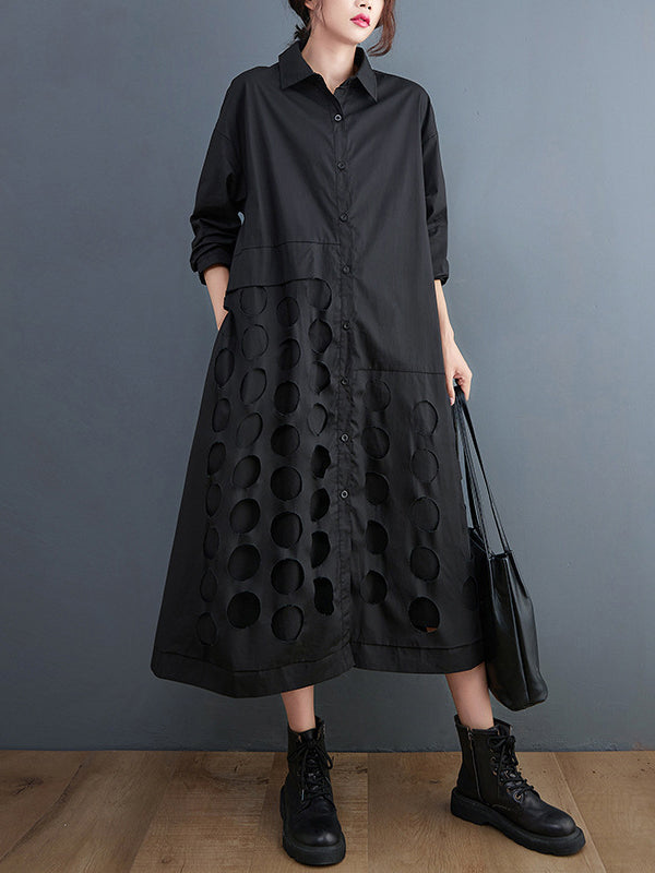 A-line Long Sleeves Asymmetric Hollow Polka-dot Color Lapel Midi Dresses