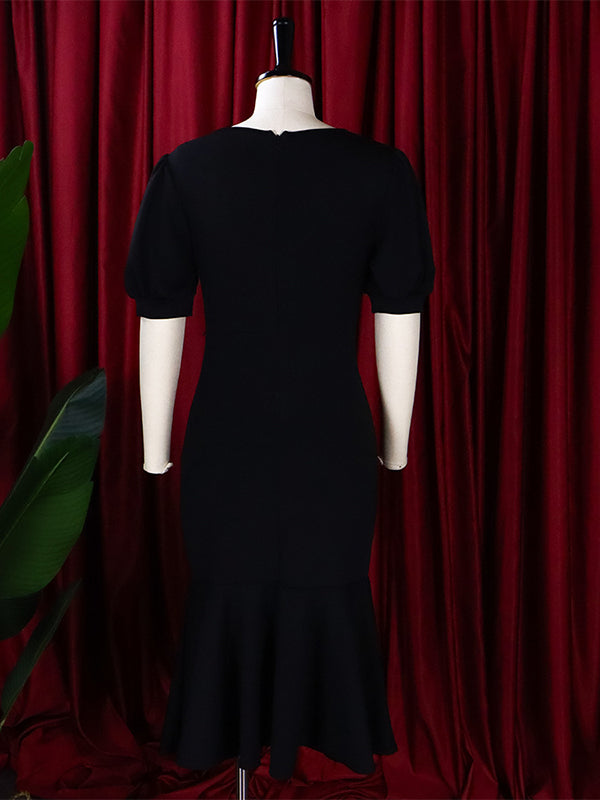Bodycon Mermaid Pleated Color Zipper V-neck Midi Dresses
