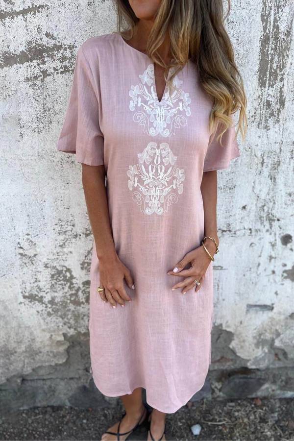 Print Linen Loose Midi Dress