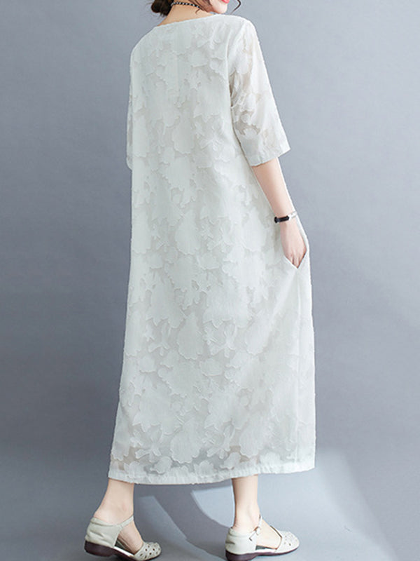 Loose Three-quarter Sleeves Jacquard See-through Color Round-neck Midi Dresses