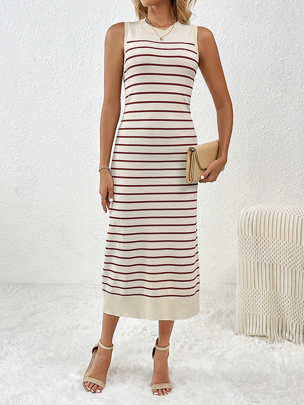 Loose Sleeveless Striped Round-neck Knit Dresses Midi Dresses