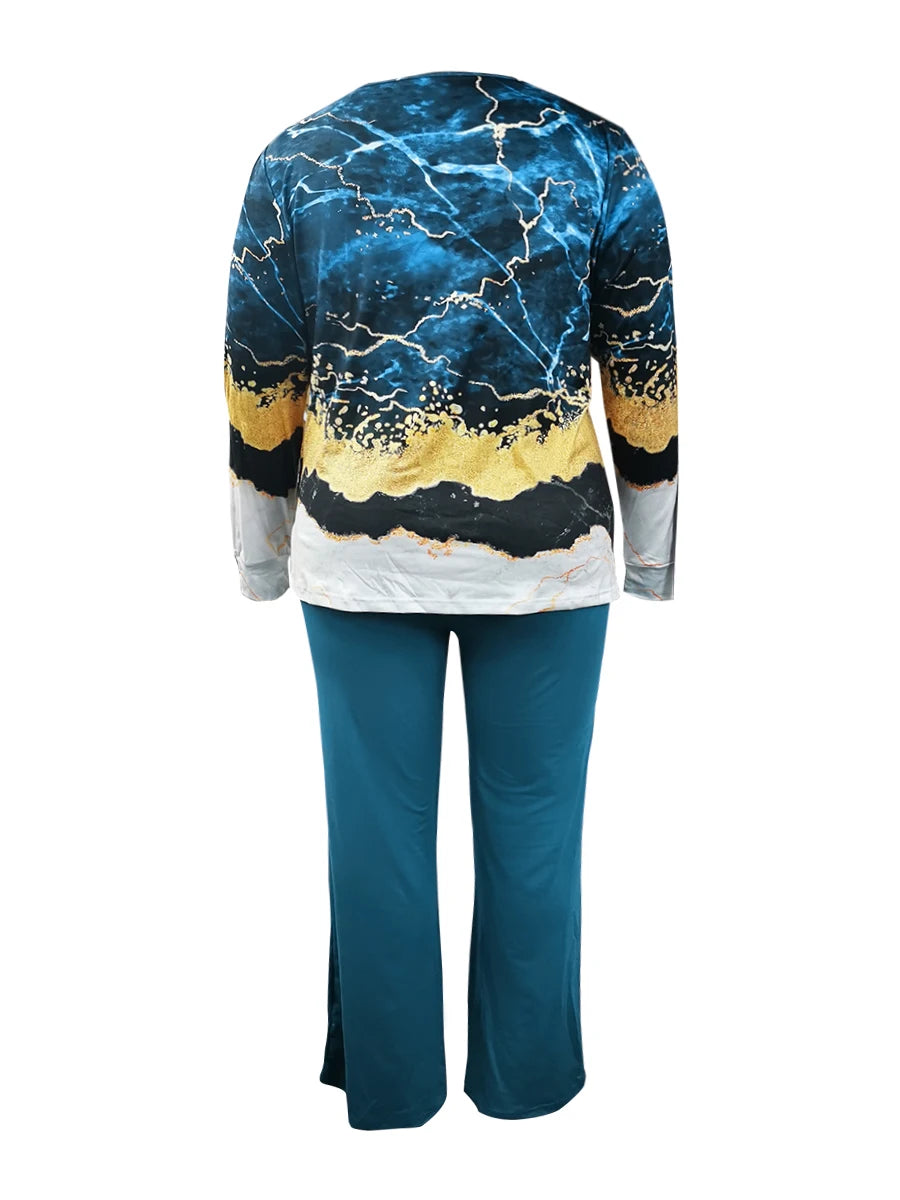 V Neck Mixed Print Side Split Pants Set Long Sleeve Top Loose Two Piece Set Outfit