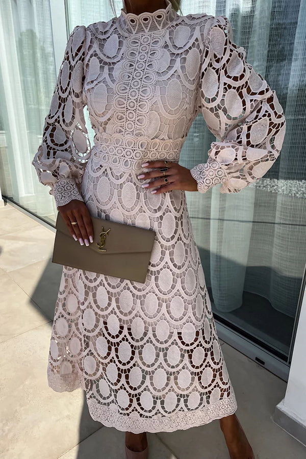 Romantic, Sensual and Crochet Lace Lantern Sleeve Party Midi Dress