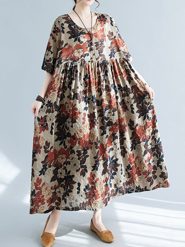 Loose Puff Sleeves Printed Round-neck Midi Dresses