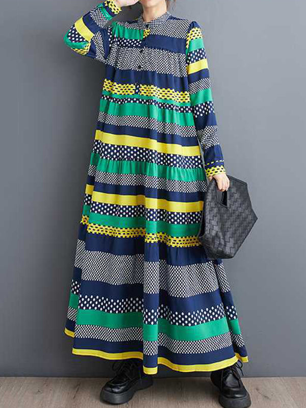A-line Long Sleeves Buttoned Polka-dot Split-joint Round-neck Midi Dresses