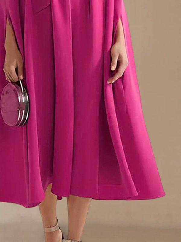 Simple Batwing Sleeves Lace-up Color High-neck Midi Dresses