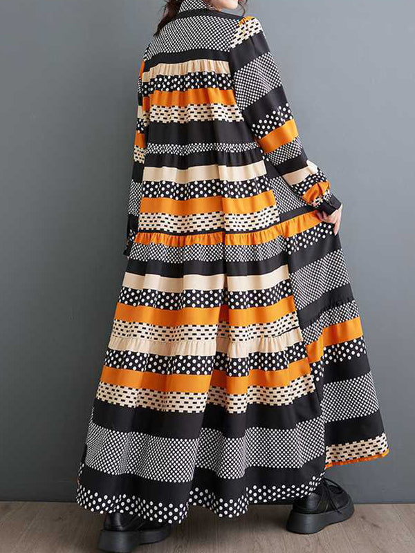 A-line Long Sleeves Buttoned Polka-dot Split-joint Round-neck Midi Dresses