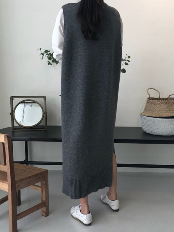 Urban Loose Sleeveless Color Round-neck Midi Dresses Sweater Dresses
