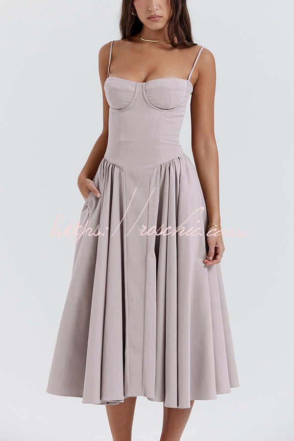 Color Slim Fit Suspender Pocket Midi Dress