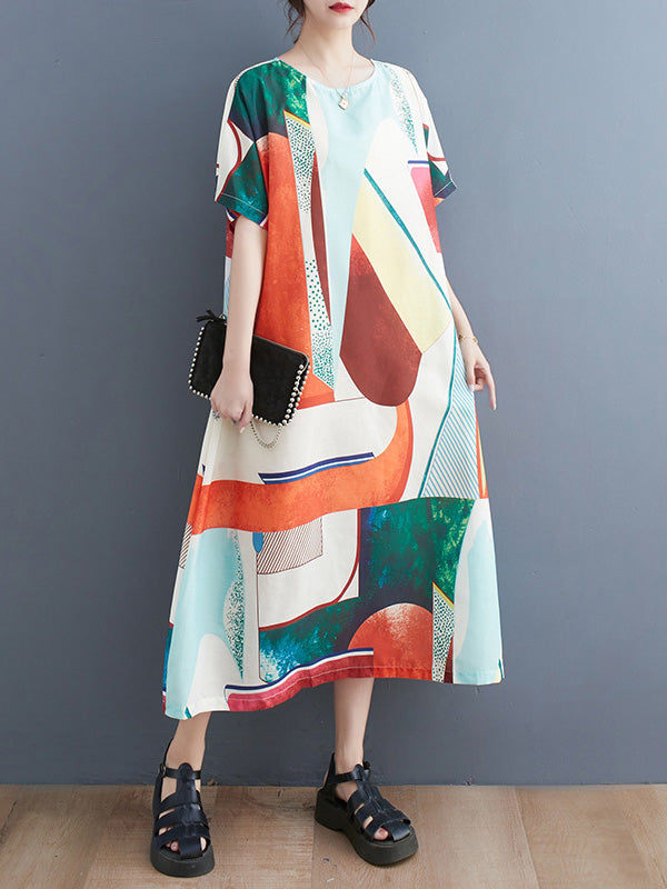 Short Sleeves Loose Contrast Color Round-neck Midi Dresses