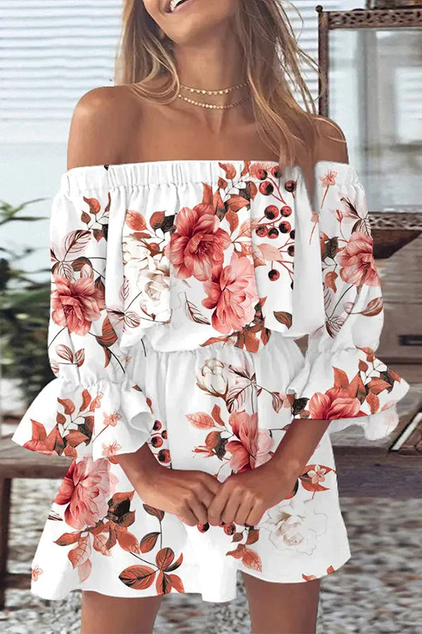 It All Begins With Love Printed Off Shoulder Mini Dress