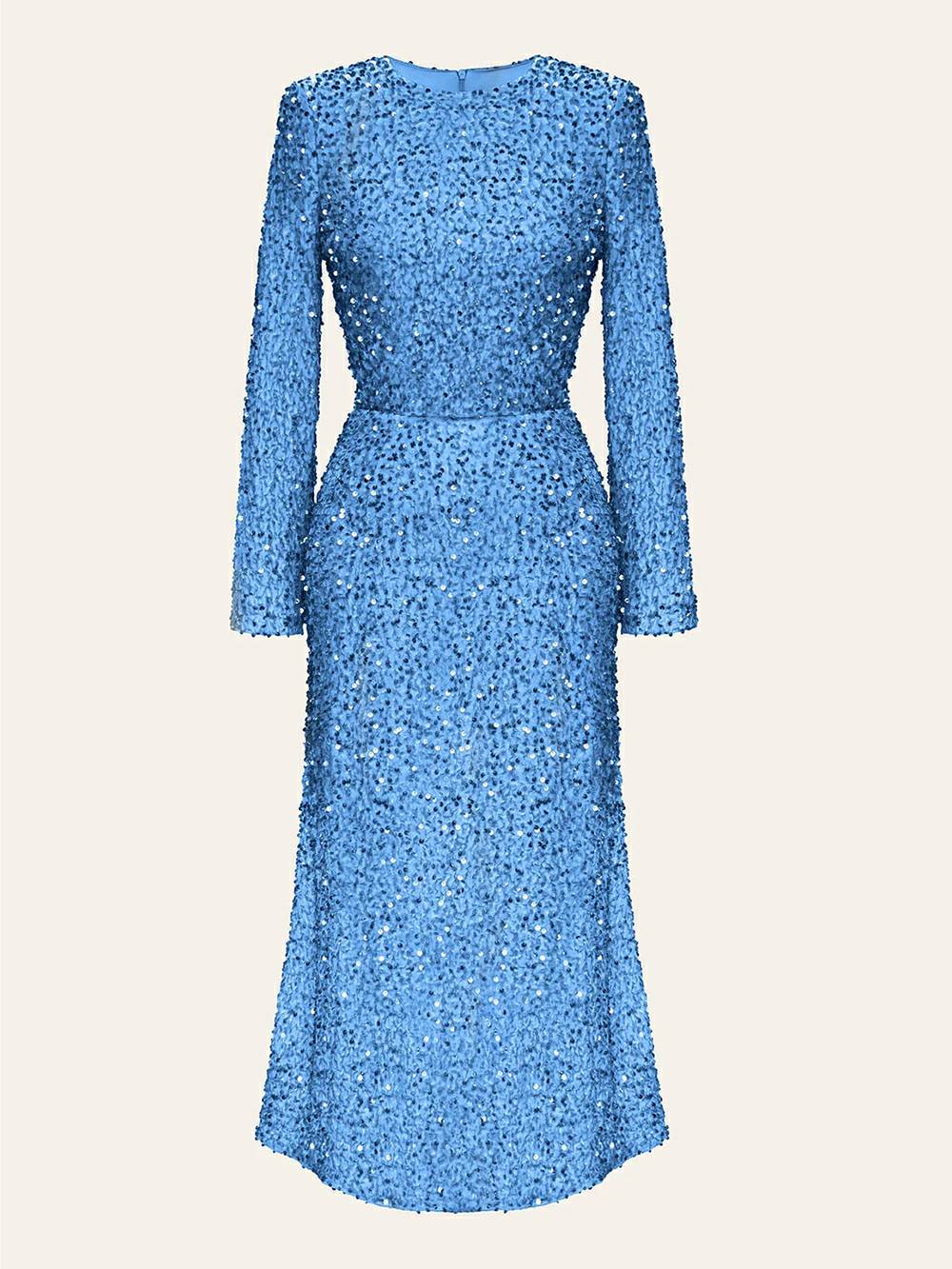 Sequin Decorated Velvet Midi Dress in Blue