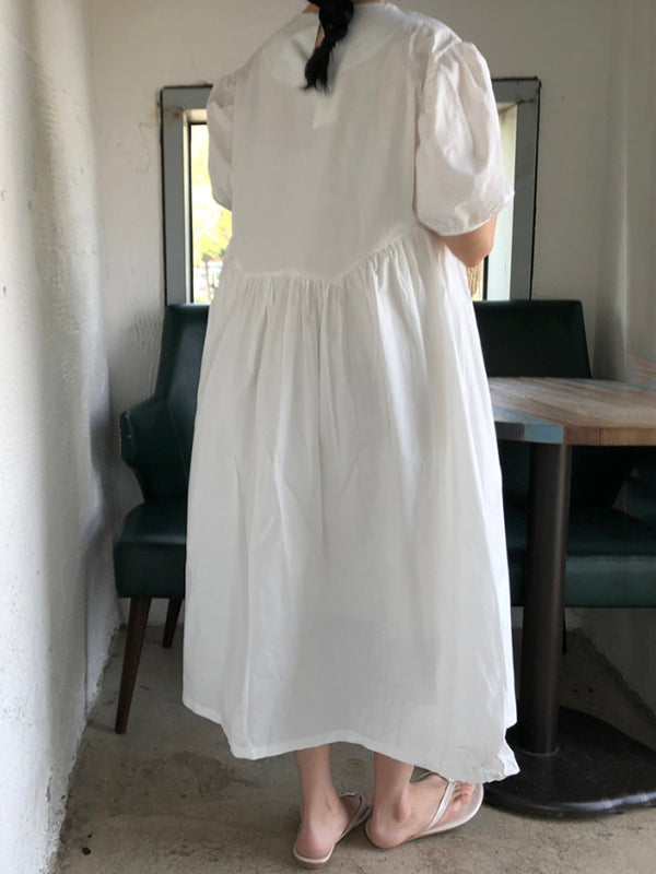Original Loose Color Pleated Puff Sleeves Midi Dress