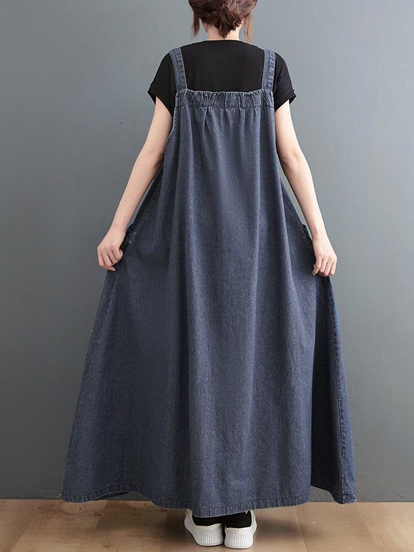 Loose Artistic Retro Color Strap Denim Midi Dress