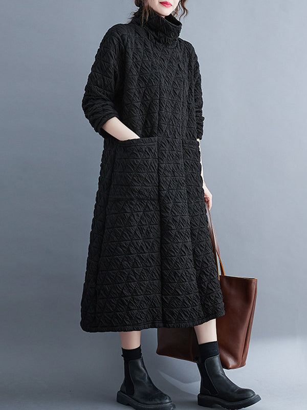 Long Sleeves Loose Color Textured High-neck Cotton Padded Midi Dresses