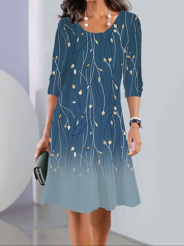 Long Sleeves Flower Print Multi-colored Printed Round-neck Midi Dresses