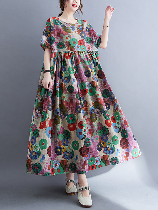 Loose Multi-colored Printed Midi Dress