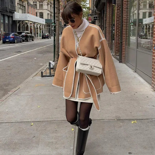 Lace Up Coat Winter Long Sleeve Deep V Nekc Femme Jackets Autumn Slim ’s Tweed Jacket New