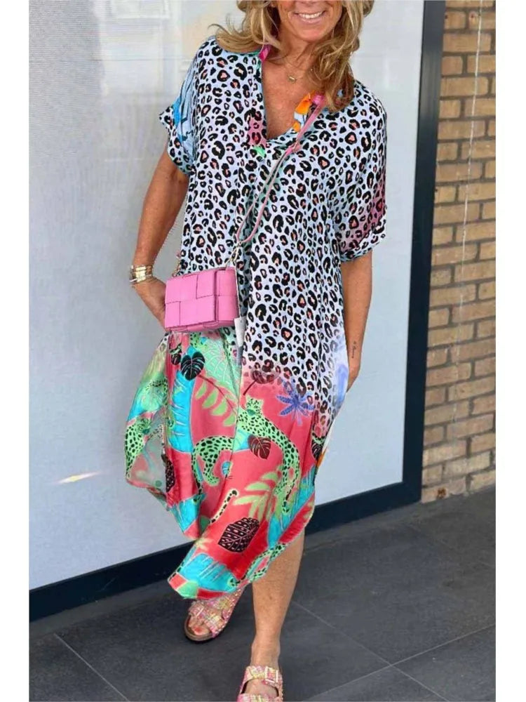 Leopard Print Patchwork Dresses V-neck Short Sleeves Pocket Loose Slit Midi Dress Lady Vestidos Summer New