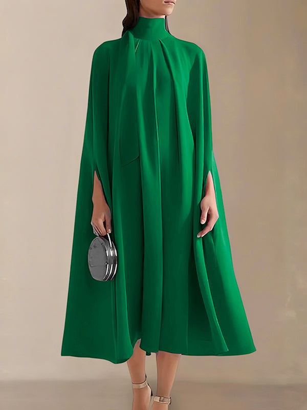 Simple Batwing Sleeves Lace-up Color High-neck Midi Dresses