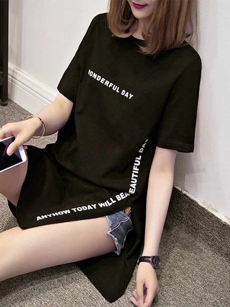 Wonderful Day Print Long T Shirts Summer Loose Slit Femme Tops Cotton Tshirt Short Sleeve T-shirt
