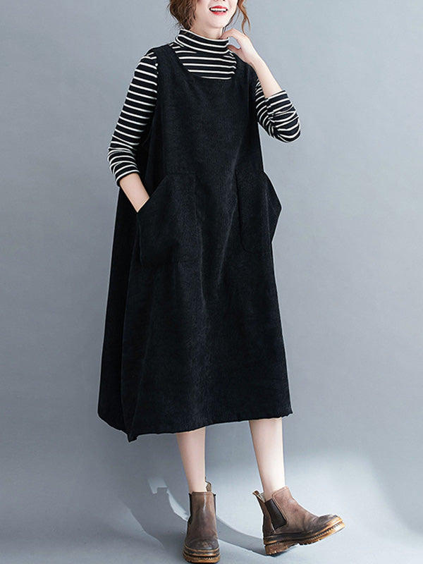 Corduroy Sleeveless Split-joint Round-neck Midi Dress