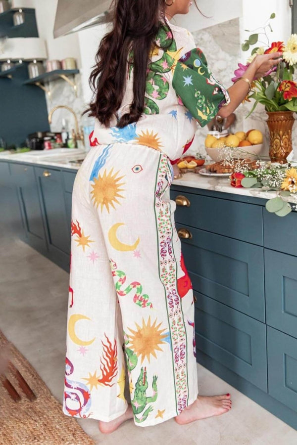 Beauty Unique Print Short Sleeve Loose Shirt and Elastic Waist Pants Set