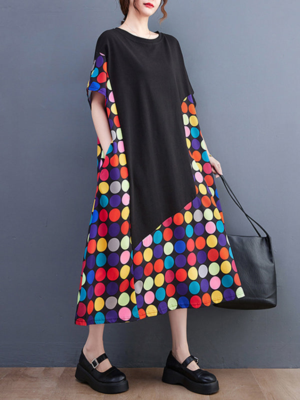 Loose Short Sleeves Multi-colored Polka-dot Split-joint Round-neck Midi Dresses