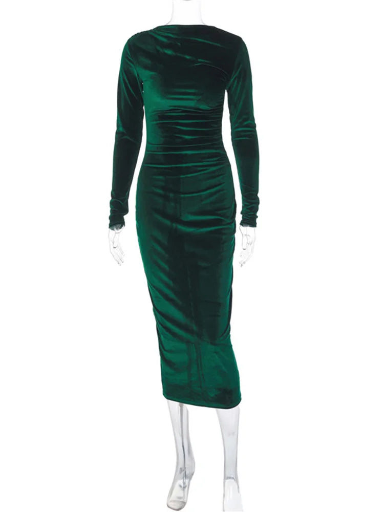 Pleated Slim Maxi Dress for High Waist Long Sleeve Patchwork Party Dress Long Dress New