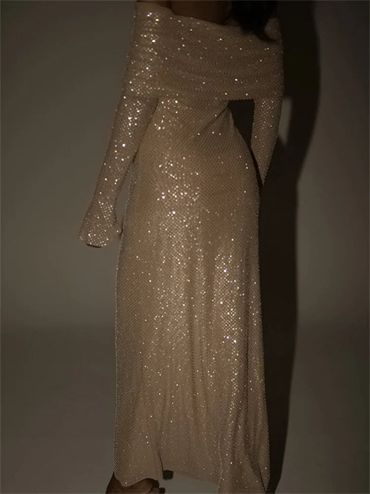 Sequin Maxi Dress Female Off-shoulder Pleated Slim Glitter Long Sleeve Backless Party Dress Gown