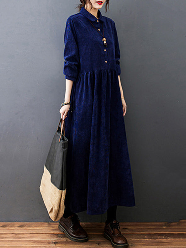 Split-joint Color Long Sleeves Lapel A-line Corduroy Midi Dress