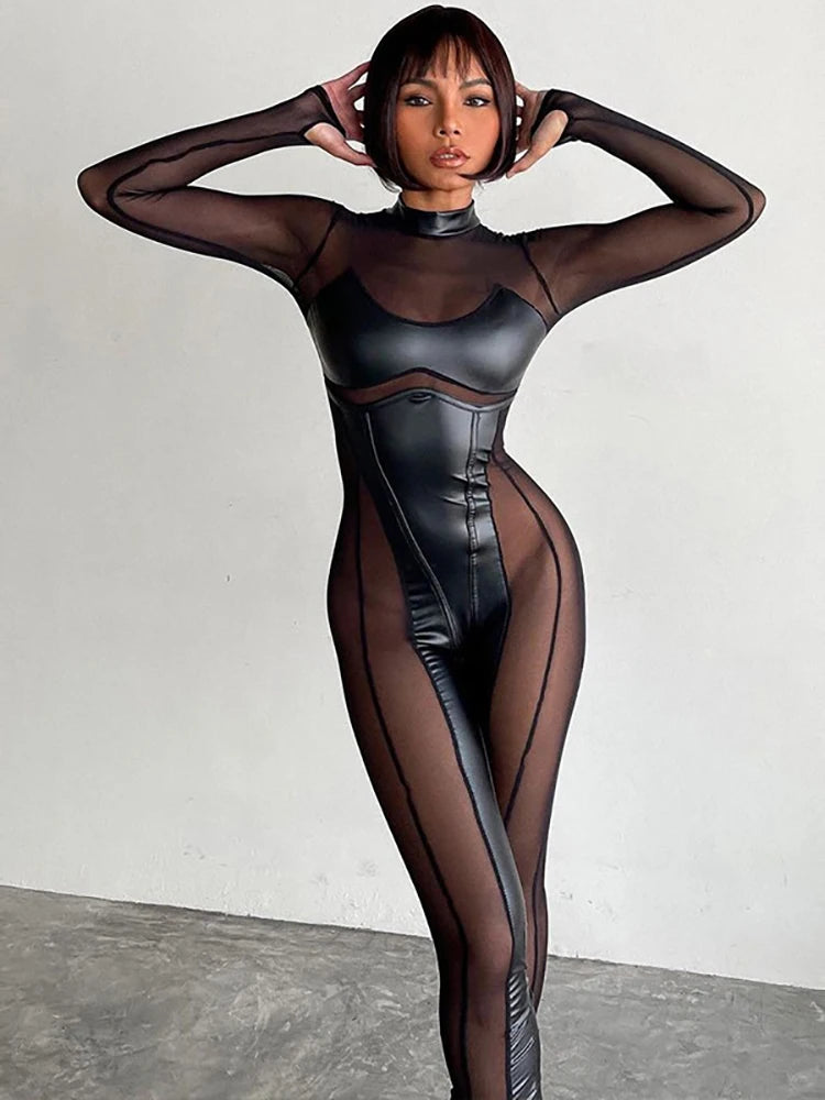 Patchwork Long Sleeve Jumpsuit Black Mesh See Through Rompers Jumpsuits High Street Overalls Outfits