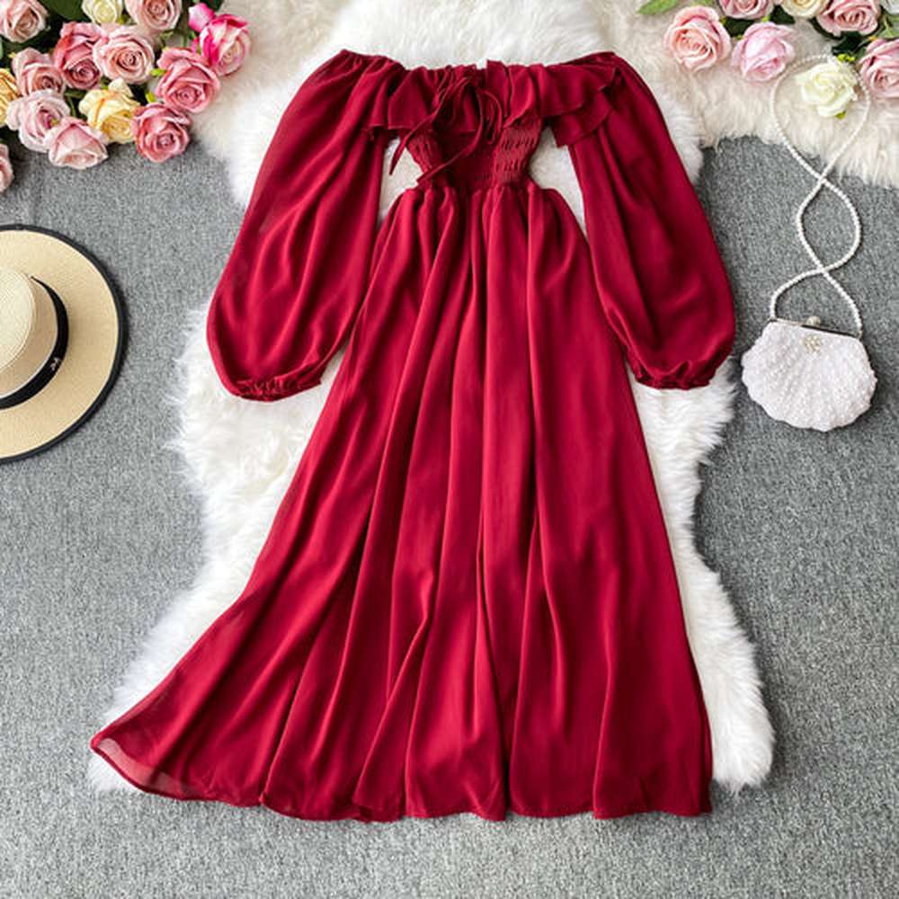 Red Off Shoulder With Ruffles Long Puff Sleeve Midi Dress Ar1019