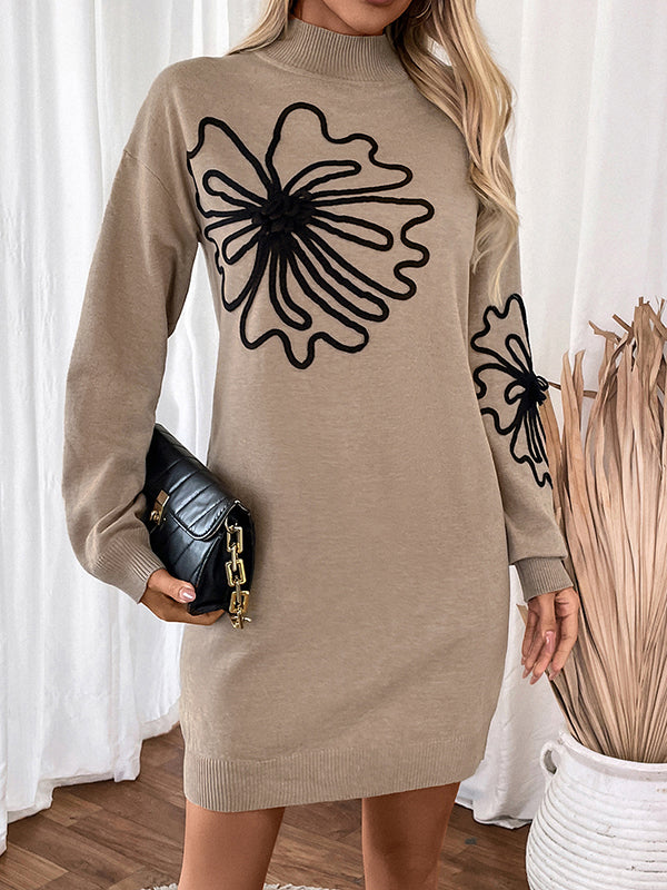 Long Sleeves Loose Knitted Flower Split-joint Mock Neck Mini Dresses Sweater Dresses