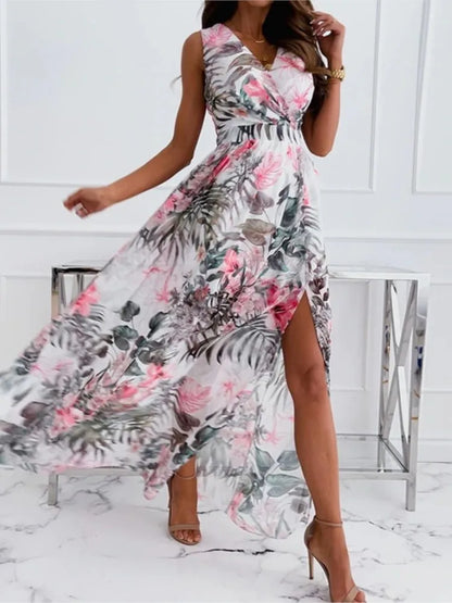 Chiffon Flower Print Sleeveless Long Dresses V-neck Backless Leace-up Slit Dress Temperament Summer Maxi Vestidos Female