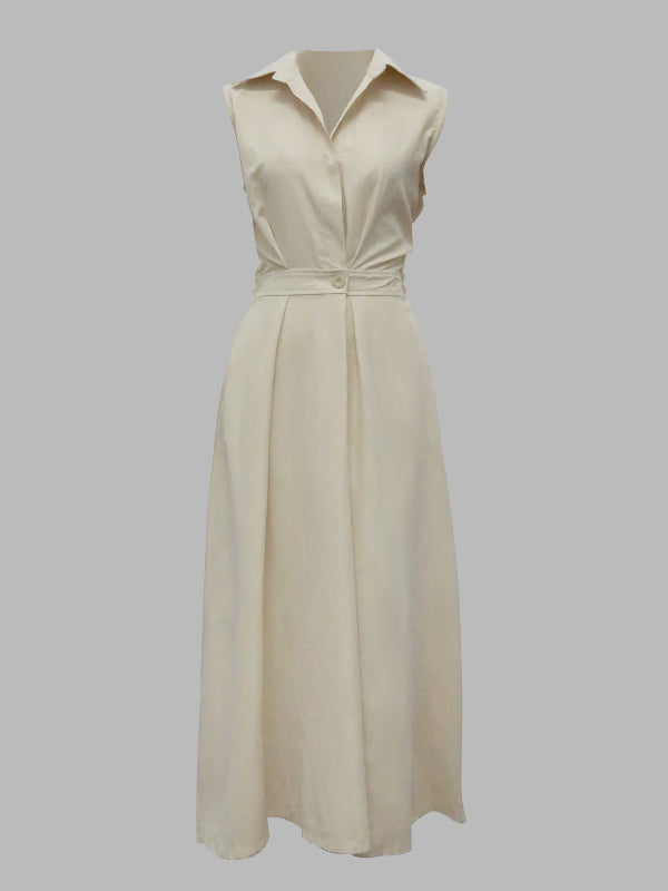 Sleeveless Color Lapel Midi Dresses