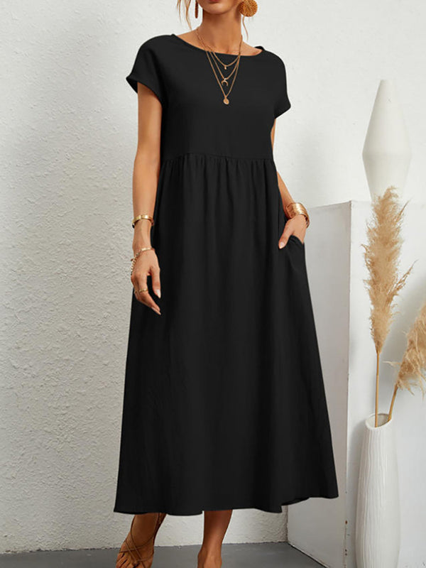 Loose Short Sleeves Pleated Color Round-neck Midi Dresses