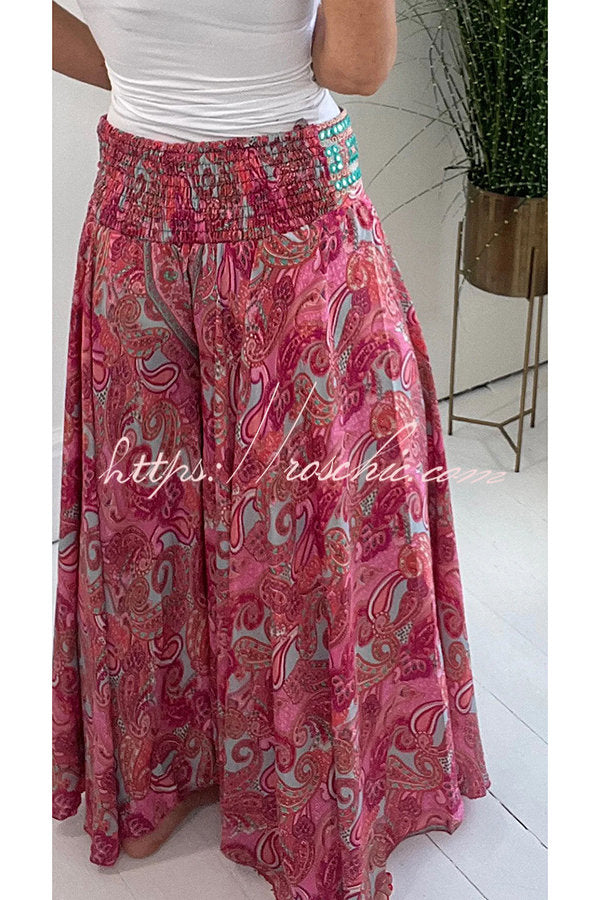 Paisley Print Elastic Patchwork Waist Pocketed Lightweight Pants