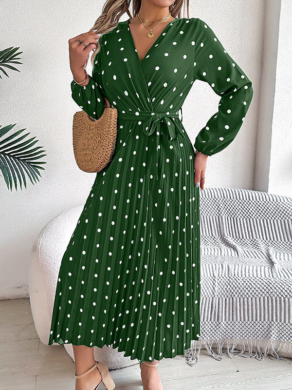 A-line High Waisted Elasticity Pleated Polka-dot Split-joint Tied Waist V-neck Midi Dresses Shirt Dress