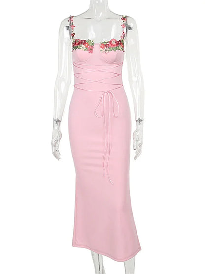 Printed Bandage Long Dress Female Slim Sleeveless High Waist Spaghetti Dress Patchwork Party Dress