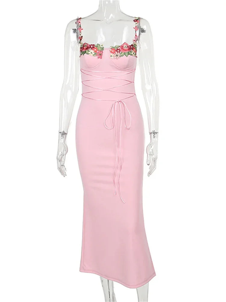 Printed Bandage Long Dress Female Slim Sleeveless High Waist Spaghetti Dress Patchwork Party Dress