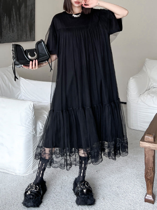 Fake Two-piece Loose Gauze Pleated Color Split-joint Tiered Round-neck Midi Dresses