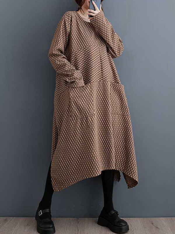 Long Sleeves Loose Pockets Printed Split-joint Split-side Round-neck Midi Dresses