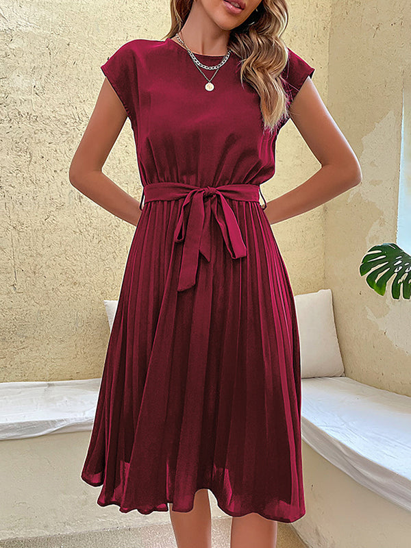 A-line Loose Pleated Color Tied Waist Round-neck Midi Dresses