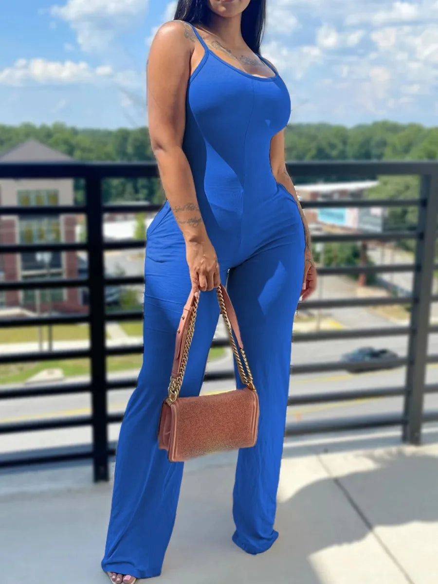 Printed Color Suspender Jumpsuit Round Neck Sleeveless Jumpsuit Basic Outfits