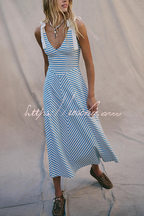 Striped Print V-neck Lace-up Backless Holiday Midi Dress
